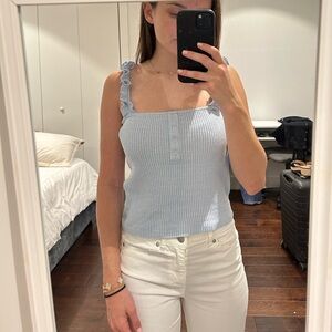 Bershka light blue sweater material tank top.‎ Ruffle straps